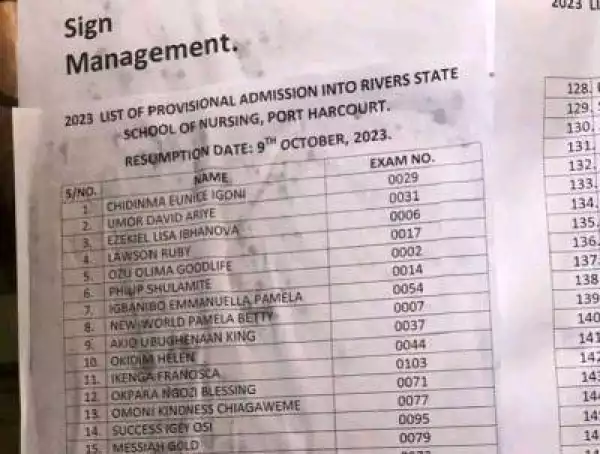 River State School of Nursing & Midwifery admission lists - 2023