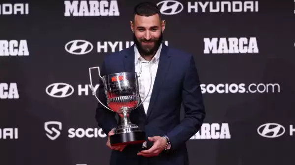 Karim Benzema reacts to winning his first Pichichi Trophy