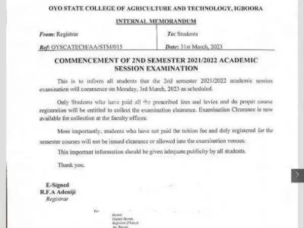 OYSCATECH notice on commencement 2nd semester exam, 2021/2022