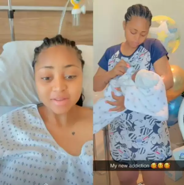 Regina Daniels Cradles Newborn Son Shortly After Giving Birth (Video)