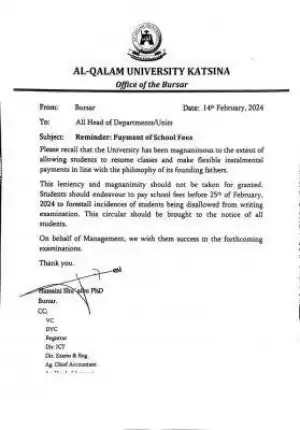 Al-Qalam university notice on school fees payment deadline