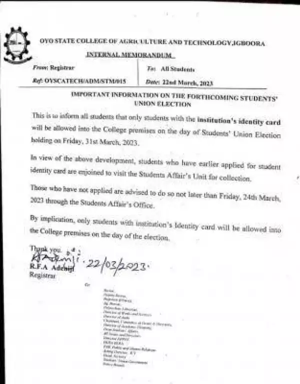 OYSCATECH notice on forthcoming SUG Election
