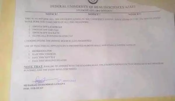 Federal University of Health Sciences, Azare notice to students