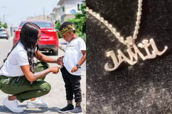 Tiwa Savage Buys Her Son Jamil, A Customised Million Naira Diamond Necklace As Birthday Present (Video)