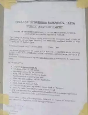 College of Nursing Sciences, Lafia admission into Basic Midwifery, September intake - 2023