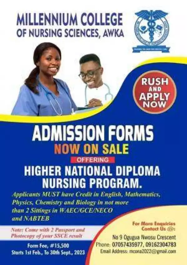 Millennium College of Nursing Science, Akwa Nursing Admission form, 2023/2024