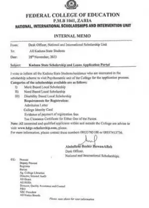 FCE Zaria notice on scholarship scheme for Kaduna State students
