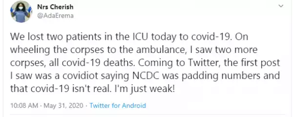 Nigerian nurse slams Twitter user who said Coronavirus is not real and also accused NCDC of padding numbers