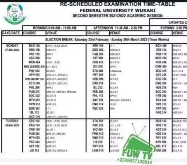 FUWukari rescheduled 2nd semester examination timetable, 2021/2022