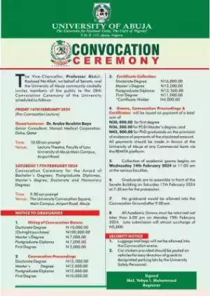 UNIABUJA notice on the upcoming Convocation Ceremony