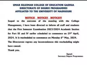 Umar Suleiman COE (UNIMAID affiliated) notice on rescheduling of first semester exam, 2023/2024