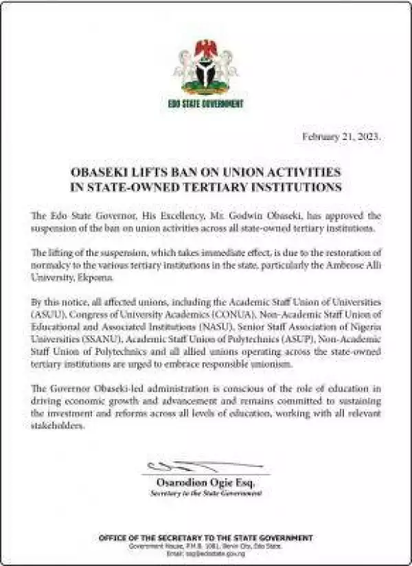 Edo Governor lifts ban on Students Union activities in state owned tertiary institutions in the state