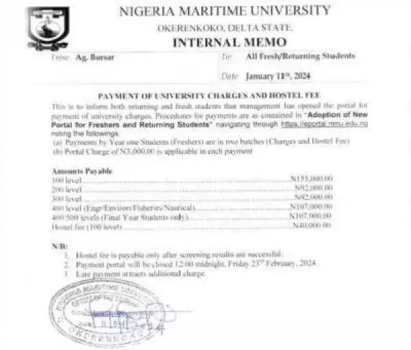 NMU notice on payment of university charges & Hostel fee