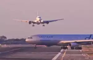 Video: Moment two planes almost collide on runway at Barcelona airport