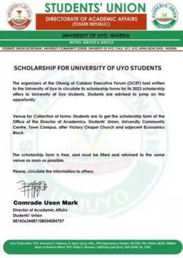 UNIUYO SUG notice to students on scholarship scheme