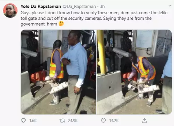 #ENDSARS Photos of men cutting off security cameras at the Lekki toll gate just before the shootings started