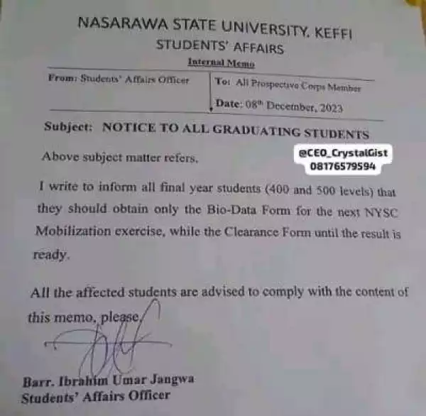 NSUK issues important notice to all graduating students