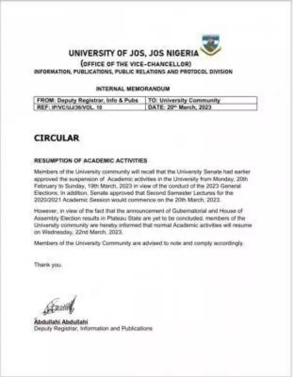 UNIJOS notice on resumption of academic activities