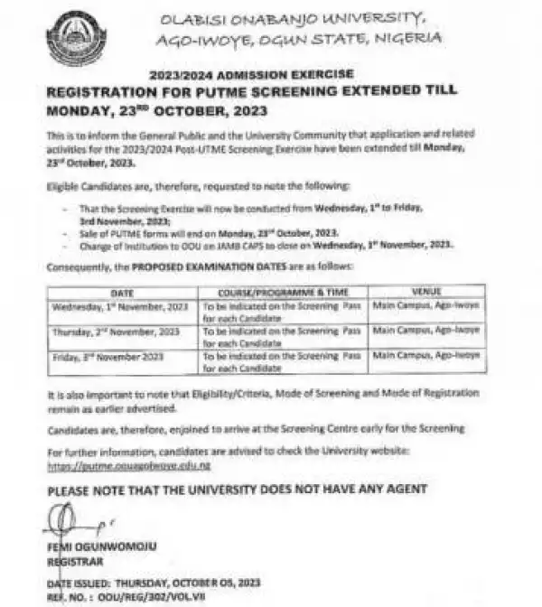 OOU Post UTME screening registration extended, 2023/2024