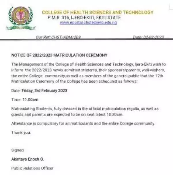 College of Health Sciences and Technology, Ijero Matriculation Ceremony, 2022/2023 hold Feb 3rd