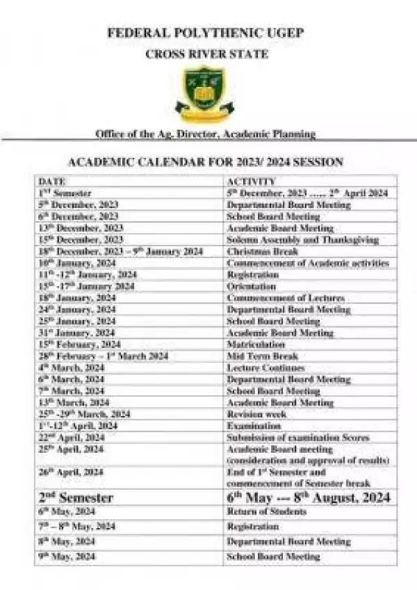 Federal Polytechnic Ugep academic calendar for 2023/2024 academic session