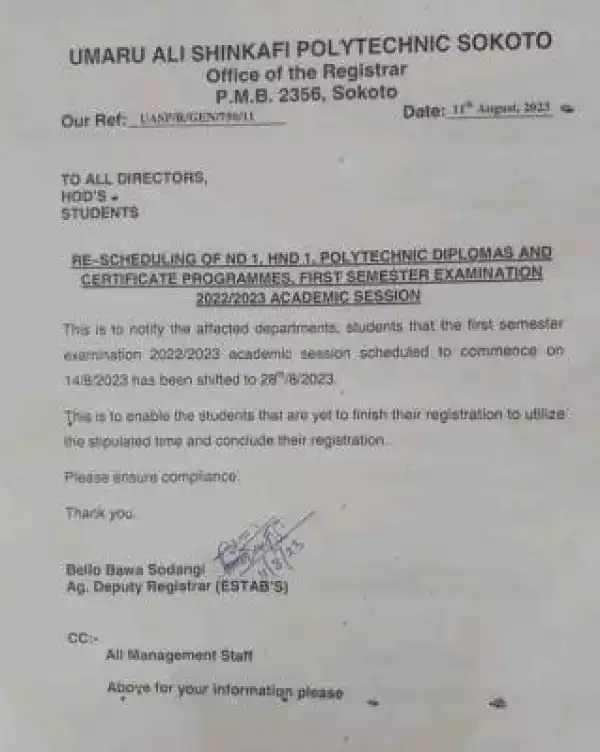 Umar Ali Shinkafi Poly notice on rescheduling of ND I, HND II, Diploma & Certificate programmes first semester exam, 2022/2023