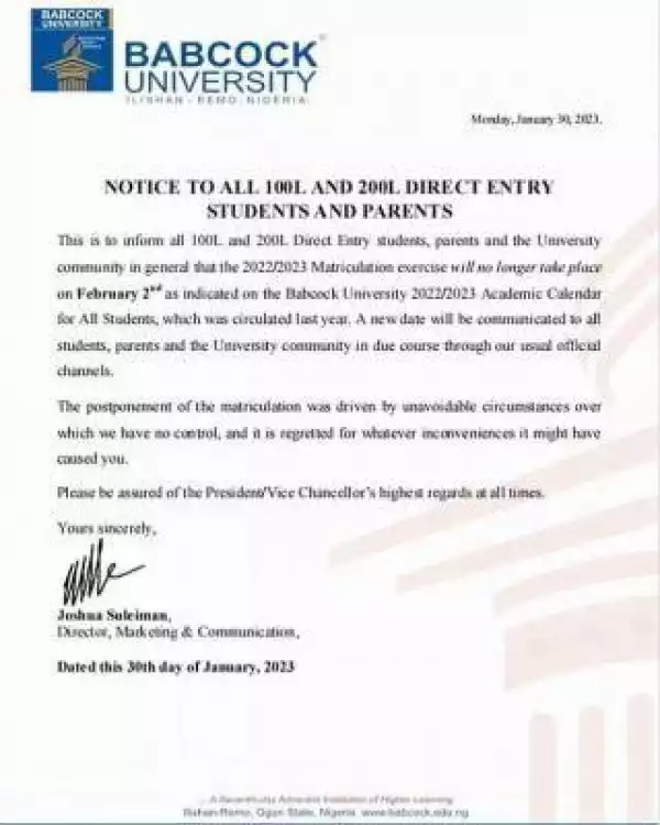 Babcock University postpones matriculation exercise for 2022/2023 session