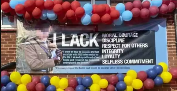 Scorned Wife Puts Up Balloons And Banners To Accuse Her Army Husband Of Cheating