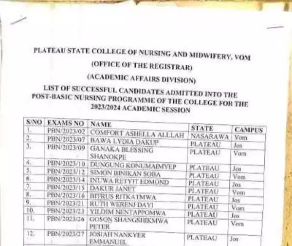 Plateau State College of Nursing & Midwifery, Vom Post Basic Nursing admission list, 2023/2024