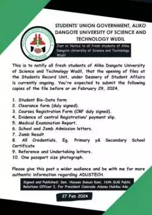 Aliko Dangote University of Science and Technology notice to all fresh students