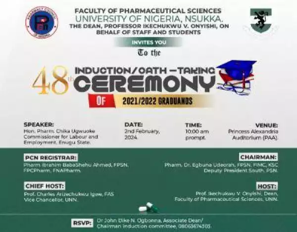 UNN faculty of pharmaceutical sciences announces 48th induction ceremony of 2021/2022 graduands