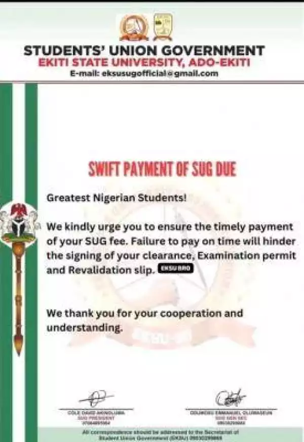 EKSU SUG notice to students on swift payment of SUG due