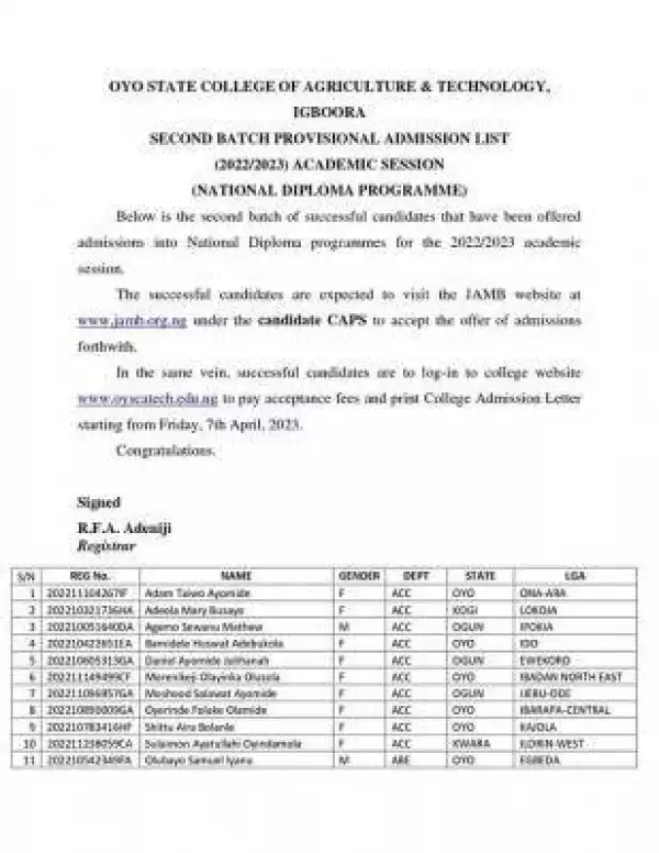 Oyo State College Of Agriculture ND 2nd batch Provisional admission list, 2022/2023