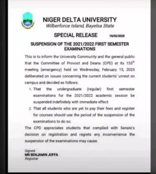 NDU suspends 2021/2022 1st semester examination