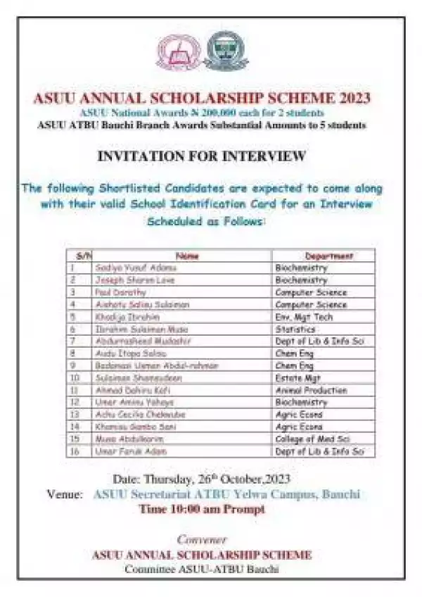 ATBU-ASUU annual scholarship scheme invitation for interview - 2023