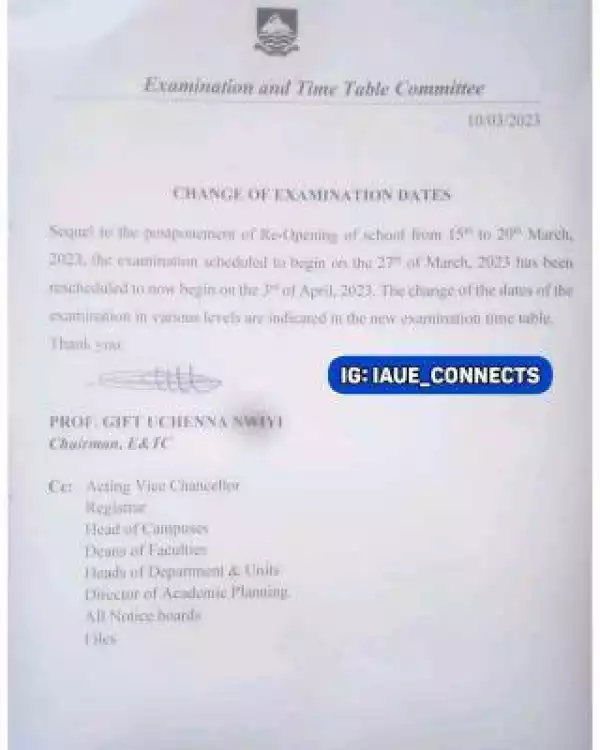 IAUE notice on change of examination dates