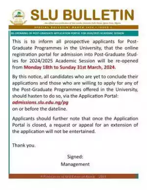SLU notice on reopening of Postgraduate application portal, 2024/2025