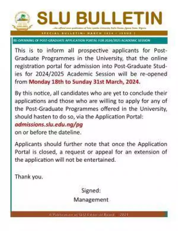 SLU notice on reopening of Postgraduate application portal, 2024/2025