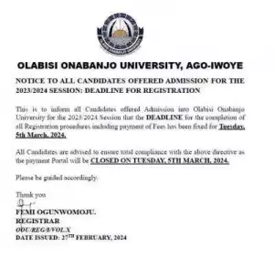OOU notice to freshers on registration deadline