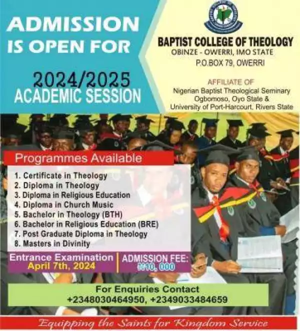 Baptist College of Theology, Obinze announces admission form, 2024/2025