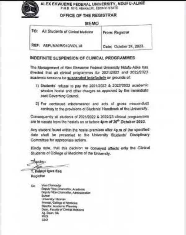 AE FUNAI notice on indefinite suspension of clinical programmes