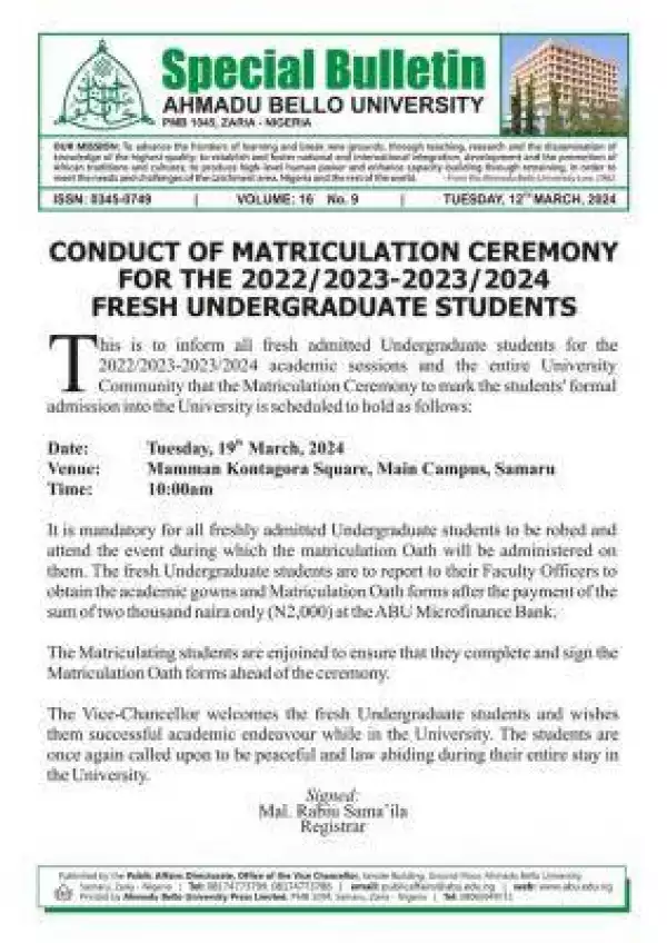 ABU matriculation ceremony for fresh undergraduate Students of 2022/2023 and 2023-2024