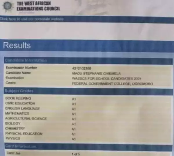 Girl Hailed After Getting Straights As in WAEC Exam
