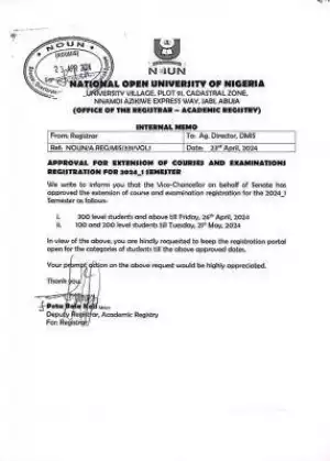NOUN notice on extension of courses and examination registration for 2024_1 semester