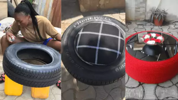Photos: Nigerian Woman Who Converts Car Tyres To Beautiful Centre Tables Warms Hearts