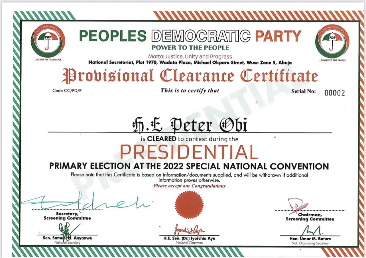 Peter Obi Passes PDP Screening (See His Provisional Clearance Certificate)