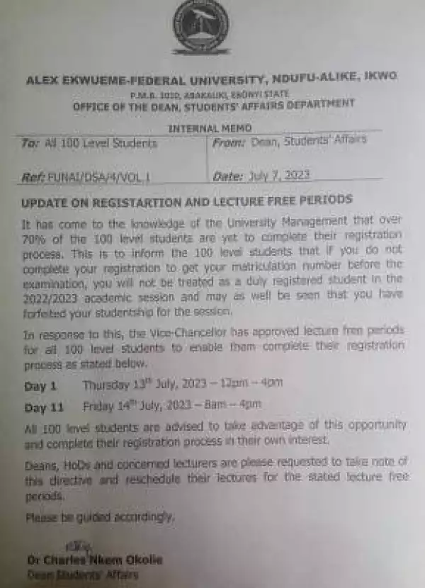FUNAI update on registration and lecture free periods for 100 level students