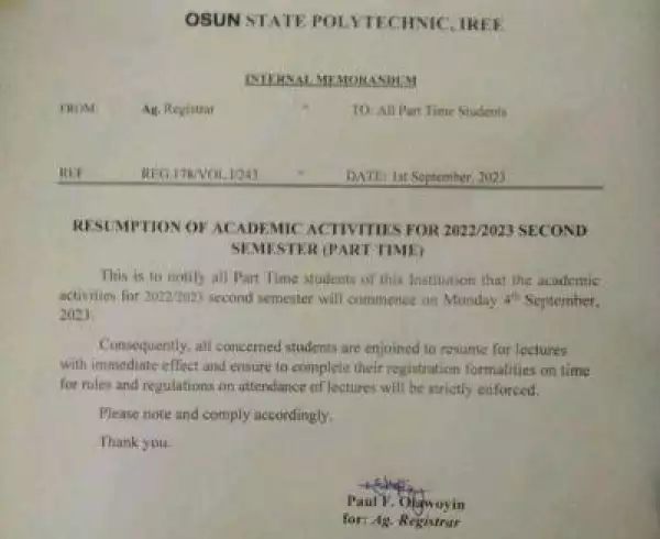 OSPOLY notice to part time students on 2nd semester resumption, 2022/2023