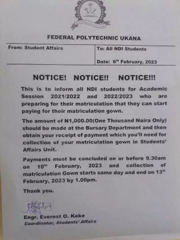 Fed Poly Ukana notice to NDI students on collection of matriculation gown