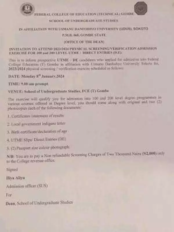 FCE Tech Gombe in affiliation with UDUS physical screening/verification for UTME/DE, 2023/2024